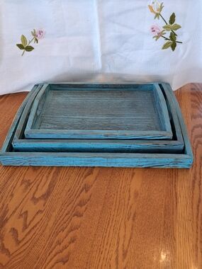 Rustic Teal Wooden Serving Tray Set - Farmhouse Style